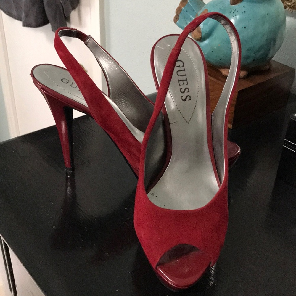 Platform, ruby suede, GUESS sling backs.